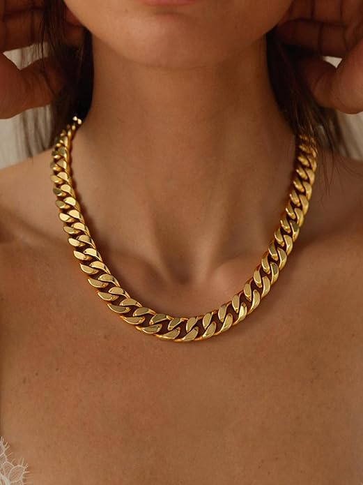ChainsPro Chunky Cuban Link Chain Necklace for Women,Stainless Steel Silver/Gold Plated Thick Choker, 5/12/14mm Width,18" and 20" Punk Hip Hop Trendy Jewelry Gifts