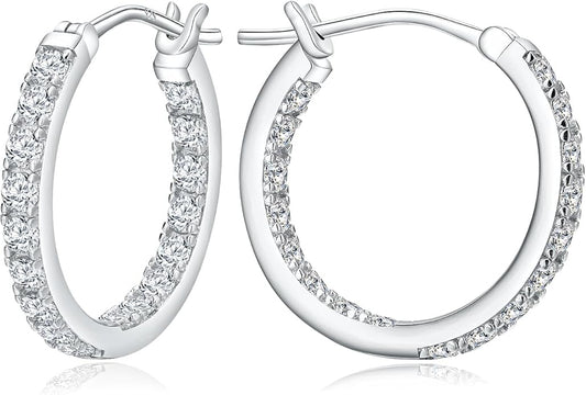 Yellow Gold Plated/925 Sterling Silver Sparkle Cubic Zirconia Hoop Earrings for Women fit Sensitive Ears 14mm/20mm/26mm Huggie/Medium/Large Hoops(with Gift Box)