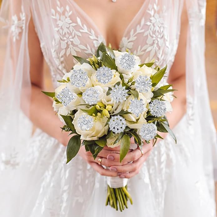 Assorted Small Size Crystal Rhinestone Flower Brooch Pins Set for Crafts Embellishment, Wedding Bouquet Brooches for Women Fashion