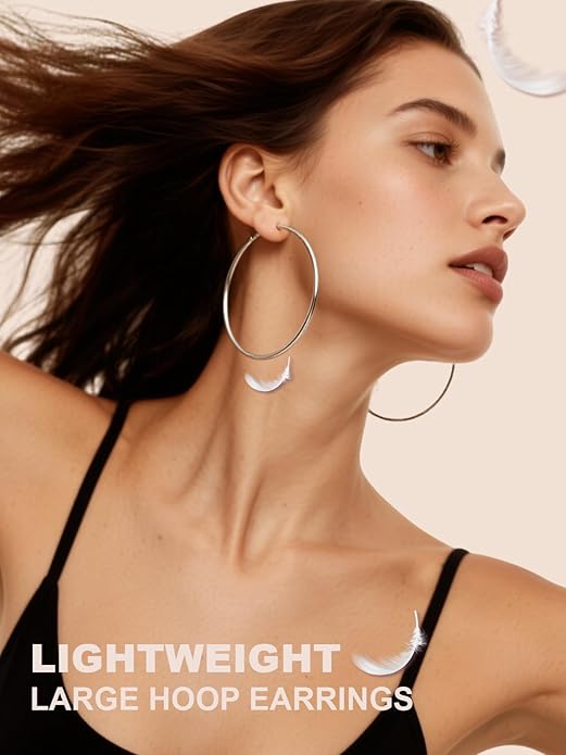 FOCALOOK 14K Gold Plated Lightweight Large Hoops| 2mm Thin Hoop Earrings for Women 30/40/50/70/100mm