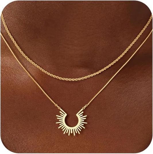 CHESKY Layered Necklaces for Women Trendy, Dainty 14k Gold Plated Pendant Necklace Layering Necklace for Women Non Tarnish Hypoallergenic Sun Gold Necklace Stack Gold Jewelry for Women Gifts