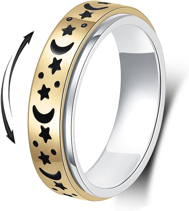 AmorArtSky Anxiety Ring for Women Men, Titanium Stainless Steel Spinner Ring, 5 Colors, 6MM, Size 6-10, 3 Styles Anxiety Ring-Moon Star, Sandblasted Finished, Hollow Outer