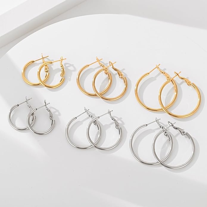 6 Pairs Gold Silver Hoop Earrings for Women, 14K Gold Plated Stainless steel Hoop Earring for Women, Lightweight Hypoallergenic Dainty Hoop Earrings Set