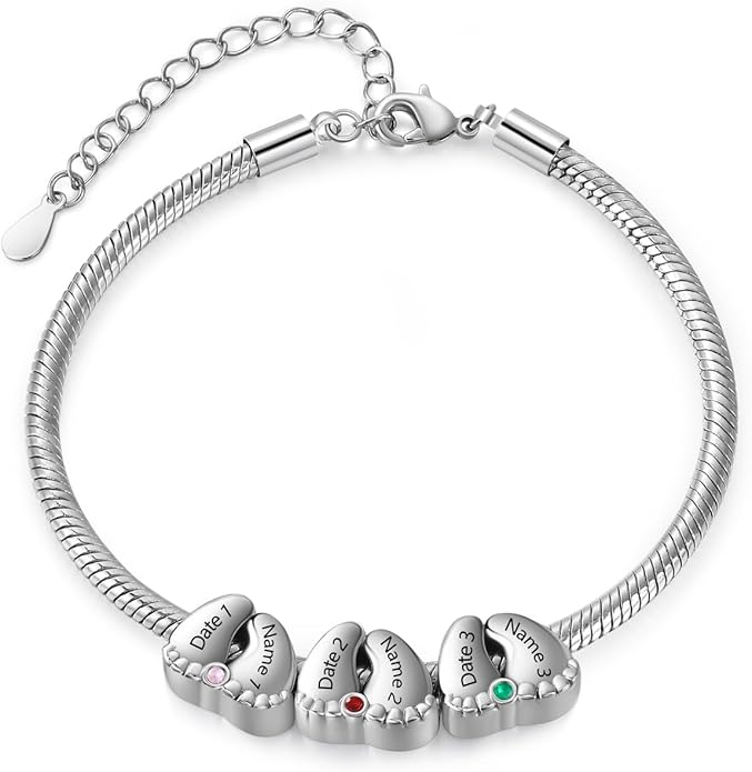 Jeweidea Personalized Foot Charm Birthstone Bracelet – Custom Engraved Bracelet with 1–5 Foot Charms, Name and Date Engraving, Meaningful Jewelry Gift for Mom Wife