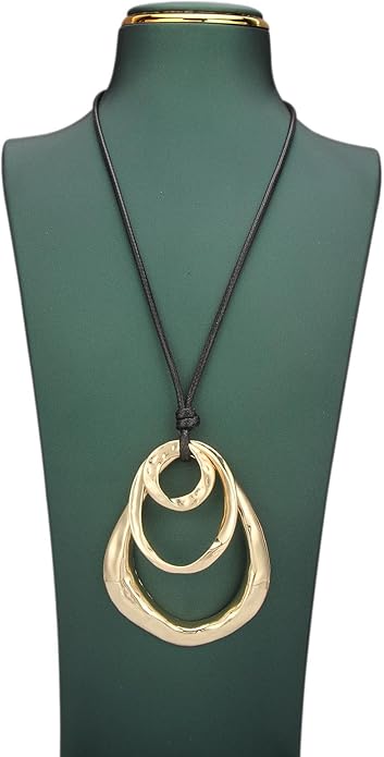 Long Boho Necklaces for Women Vintage Leather Wooden Pendant Y Choker Ethnic Style Gold Circle Hippie Sweater Necklace