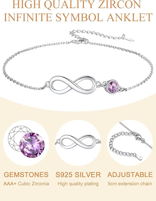 Custom4U Personalized Infinity Ankle Bracelets for Women 925 Sterling Silver Anklet Bracelet Endless Love Symbol Birthstone Charm Adjustable Foot Chain Jewelry Mothers Day Gifts for Mom Wife Women Her