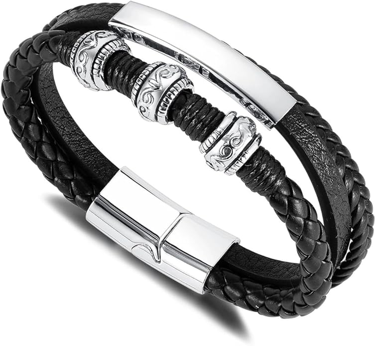 Italian Handmade Genuine Leather Bracelets for Men Stainless Steel Clip, Men's Casual Genuine Multi-layer Cuff Bracelet, Bracelet Gift for Real Men