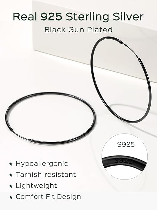 ChicSilver Hypoallergenic 925 Sterling Silver Hoop Earrings for Women, Lightweight Large Gold Plated Hoop Earrings, Endless Hoops Earring 20/30/40/50/60/70MM
