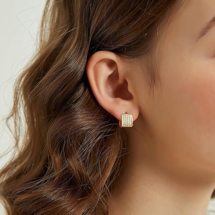 14K Gold Plated Hoop Earring Small Square Huggies Hoops For Women, Minimalist Cute Earrings for Women Girls Gift, gold silver rose gold black and CZ