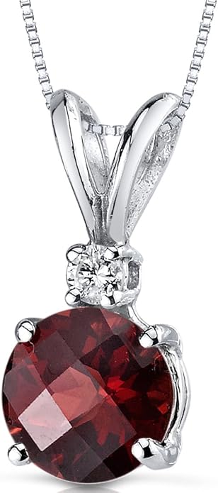 PEORA 14K White Gold Garnet and Diamond Pendant, Genuine Gemstone Elegant Solitaire, Round Shape, 6.50mm, 1.40 Carats total, Valentine's Gift for Her, Wife, Sister, Women Gift Ideas w/Jewelry Box