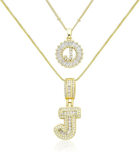 14K Gold Plated Initial Letter Pendant Necklace, Cubic Zirconia Crystal, Copper Chain