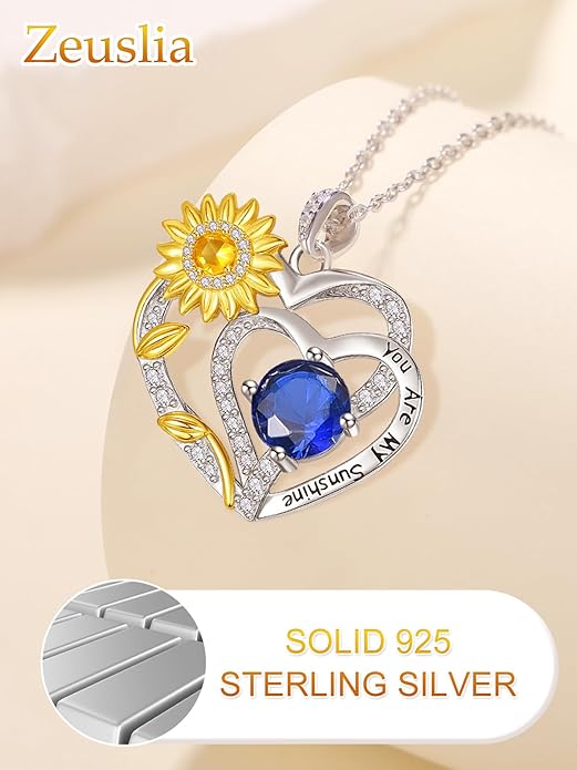 Zeuslia Double Birthstone Necklace Gifts for Wife - 925 Sterling Silver Sunflower/Rose/Crown Cross/Compass/Heart Pendant I Love You Necklace, Anniversary Birthday Gifts for Wife Girlfriend Mom Her