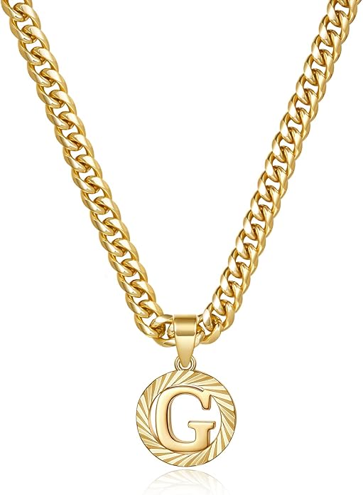 KissYan Gold Initial Necklace,14K Gold Plated Round Letter Pendant Hollow Capital Monogram 5mm Cuban Chain Necklace Alhpabets from A-Z Dainty Jewelry for Women Men