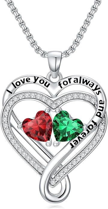 I Love You for Awlays and Forever Double Heart Necklace with Birthstone, 2 Birth Stone Jewelry Anniversary Valentines Mothers Day Christmas Birthday Gifts for Women Her Wife Girlfriend Mom Mother