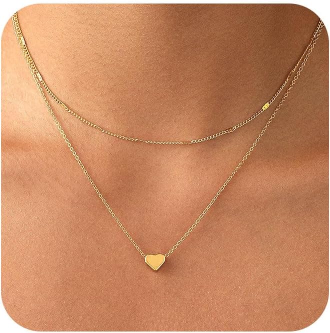 Layered Gold Necklace for Women Trendy 14K Gold Plated Heart CZ Pendant Layered Gold Necklaces Set Coin Choker Necklaces Simple Circle Cubic Zirconia Pearl Necklace Stack Herringbone Paperclip Chain Jewelry Set