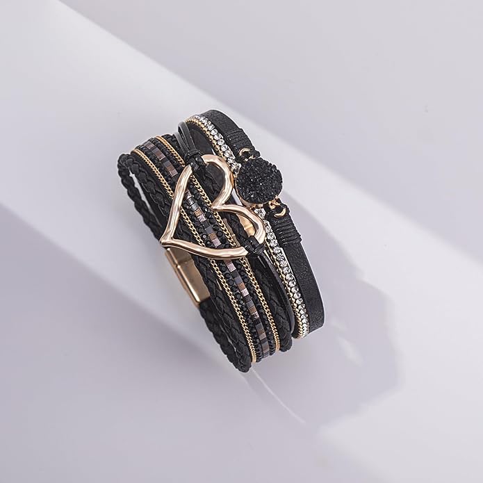 FANCY SHINY Heart Leather Wrap Bracelets Stackable Boho Cuff Bangles Trendy Resin Stone Rhinestone Bracelets with Magnetic Clasp for Women