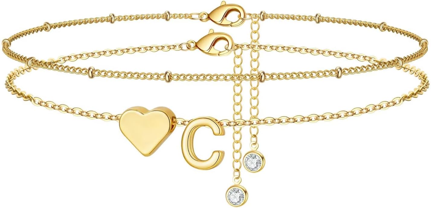 M MOOHAM Gold Initial Ankle Bracelets for Women - Layered Heart Letter A-Z Initial Dainty Gold Anklets for Women Waterproof, Womens Anklets Jewelry Birthday Gifts Jewelry
