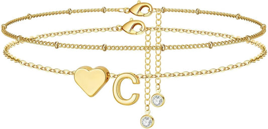 M MOOHAM Gold Initial Ankle Bracelets for Women - Layered Heart Letter A-Z Initial Dainty Gold Anklets for Women Waterproof, Womens Anklets Jewelry Birthday Gifts Jewelry