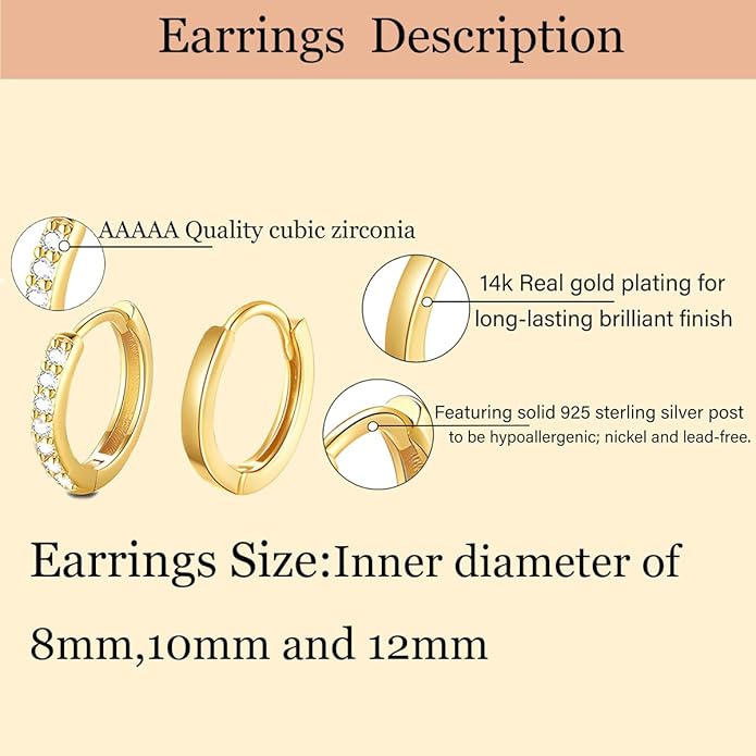 Cocadant 6 Pairs 925 Sterling Silver Small Hoop Earrings for Women,14k Real Gold Hypoallergenic Tiny Cubic Zirconia Cartilage Huggie Earring Sets for Multiple Piercing Trendy Jewelry 8/10/12mm