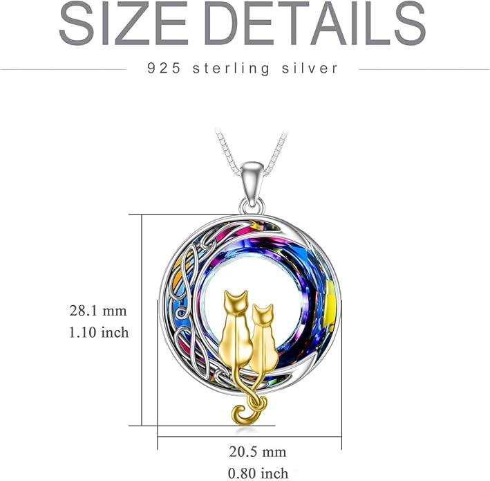TOUPOP Christmas Cat Gifts for Cats Lovers One Two Three Four Cats Necklace Sterling Silver Cats on the Moon Pendant Necklace with Blue Circle Crystal Birthday Christmas Celtic Jewelry Gifts for Women