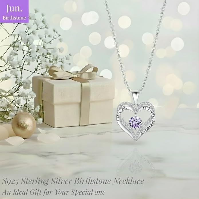 Birthstone Heart Necklace for Women Wife Girlfriend Mom Daughter Gifts S925 Silver Jewelry For Anniversary Rose Gold Gifts For Birthday Christmas Mothers Valentines Day