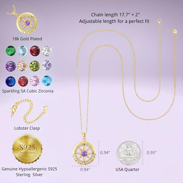 Compass Necklace for Women Wife Girlfriend Mom Daughter Gifts S925 Silver Jewelry For Anniversary Rose Gold Gifts For Birthday Christmas Mothers Valentines Day 12 Birthstones