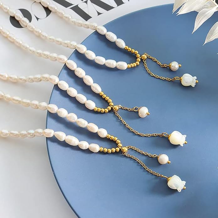 14K Gold Jade Orchid Necklace, Freshwater Pearl Beaded Clavicle Necklace, Mother's Day, Birthday Gift for Mother, Wife, Girlfriend