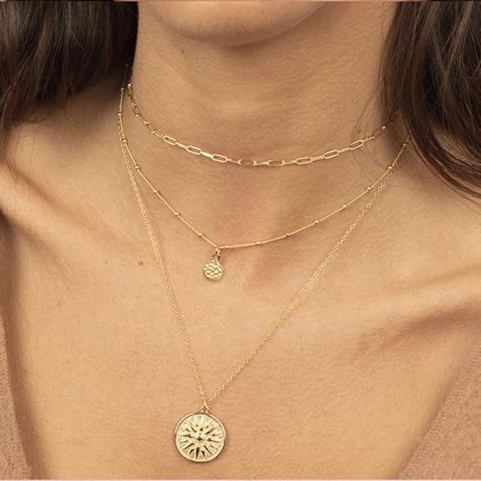 Turandoss Gold Layered Necklaces for Women - 14K Gold Plated Handmade Multilayer Bar Pearls Coin Disc Moon Butterfly Medallion Adjustable Dainty Layered Choker Necklaces for Women Jewelry