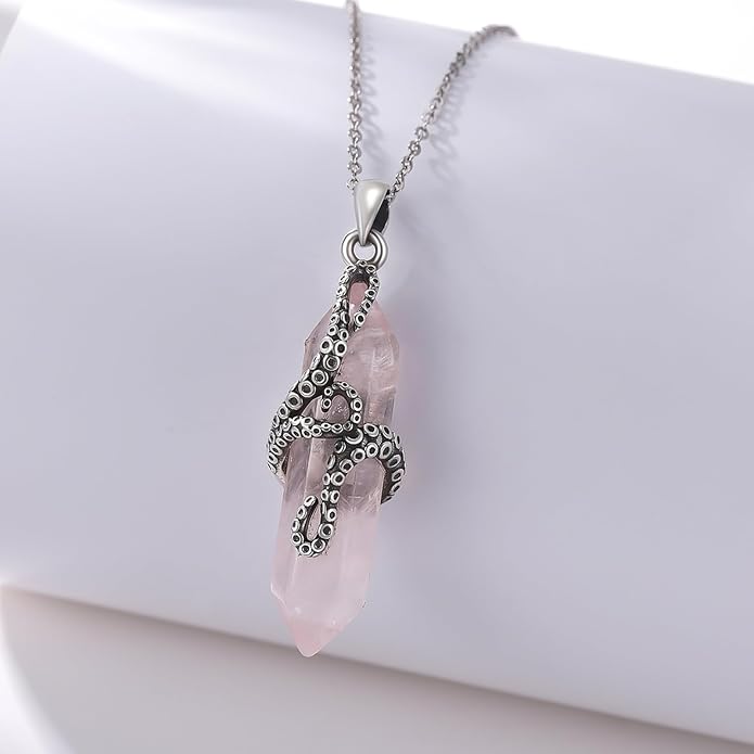 OHAYOO Octopus Tentacles Necklace 925 Sterling Silver Octopus Pendent Necklace Wrapped Obsidian Octopus Jewelry Gifts for Women