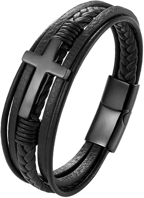 Fahonie Cross Leather Bracelet for Men Women 316L Stainless Steel with 18K Gold Plated Christ Jesus Multi-layer Handmade Christian Bracelet,7.5/8/9 Inches