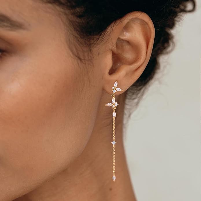 14K Gold Plated Butterfly Dangle Earrings for Women - Dainty, Trendy, Hypoallergenic CZ Drop Earrings - Simple Long Dangling Jewelry