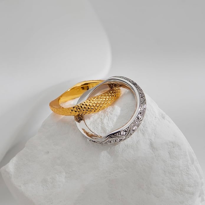 Stackable Rings for Women Infinity Interlocking Stack Non-Tarnish Two-Tone 18K Gold Silver Plated Engagement Wedding Promise Chunky Fidget Dainty Cubic Zirconia Band Jewelry Statement Ring