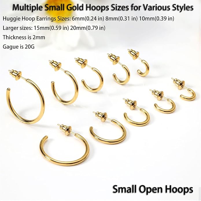 Minimalist Hoops for Women - 14K Gold Open Huggie Hoop Earrings, Hypoallergenic Tiny Hoops in Gold and Silver (Set of 1-5 Pairs)