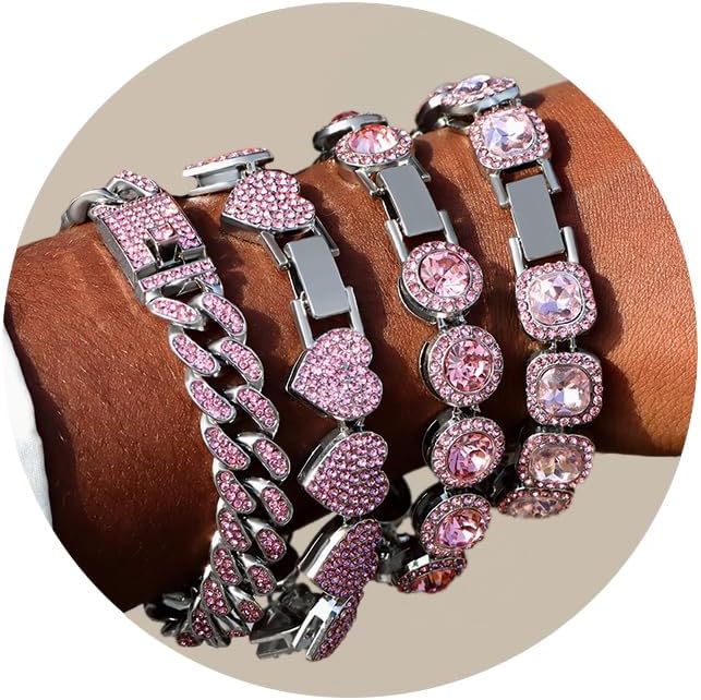 shopbyskyler 4PCS Gold Bracelets for Women Silver Clustered Tennis Bracelet for Women Heart Round Diamond Cuban Bracelet Layered Link Bracelet Set Fashion Jewelry for Women Set
