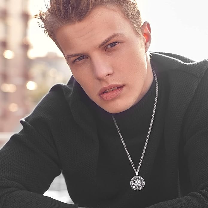 KINGWHYTE Compass Necklace for Men 925 Sterling Silver Birthday Gifts Graduation Travel Jewelry for Husband Brother with Stainless Steel Chain