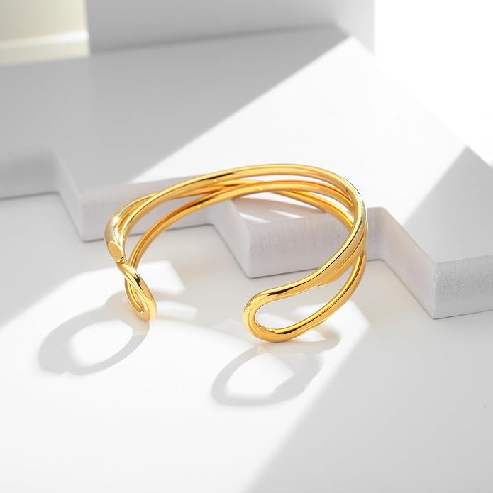 Gold Cuff Bracelet for Women Chunky Multi-layer Cross Wire Open Bracelet Hollow Wide Cuff Bracelets Adjustable Gold Open Cuff Bangle Bracelet