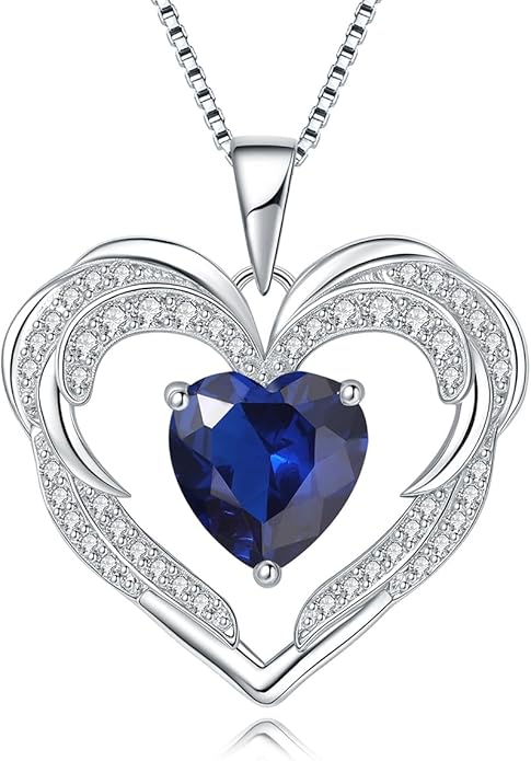 Heart Necklaces Valentine's Gift for Women, Birthstone 925 Sterling Silver Angel Wings Love Pendant Necklaces for Women, Jewelry Gifts for Wife, Anniversary, Mother's day