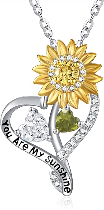 Zeuslia Double Birthstone Necklace Gifts for Wife - 925 Sterling Silver Sunflower/Rose/Crown Cross/Compass/Heart Pendant I Love You Necklace, Anniversary Birthday Gifts for Wife Girlfriend Mom Her