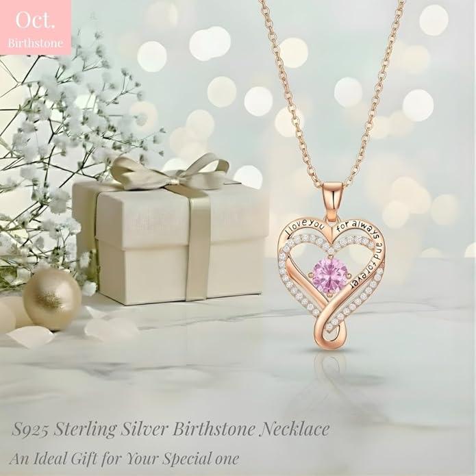 Birthstone Infinity Heart Necklace for Women Wife Girlfriend Mom Daughter Gifts S925 Silver Jewelry For Anniversary Rose Gold Gifts For Birthday Christmas Mothers Valentines Day