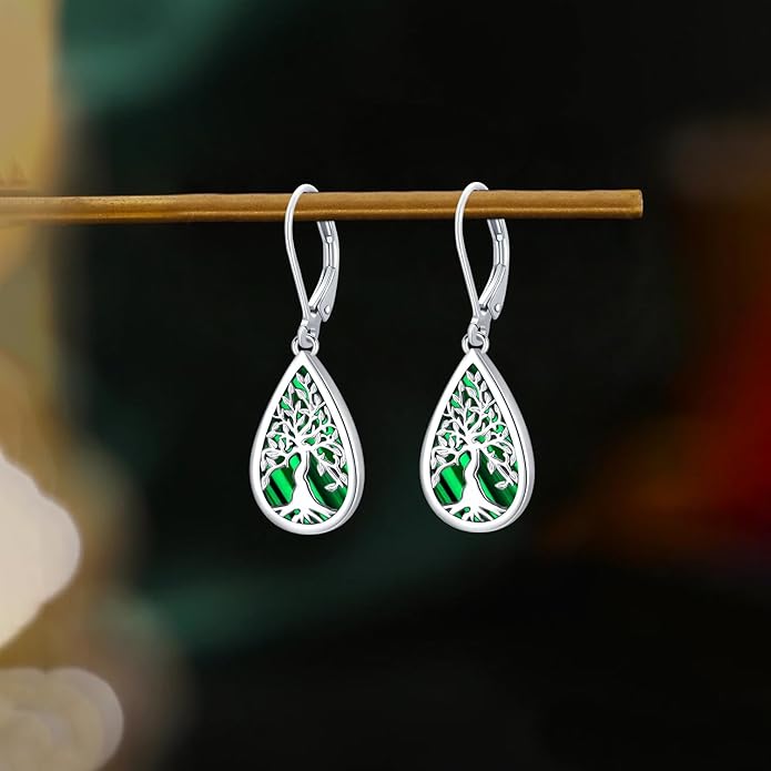 Tree of life Dangle Earrings Sterling Silver Moonstone/Turquoise/Malachite Earrings for Women Filigree Leverback Earrings Jewelry Gifts