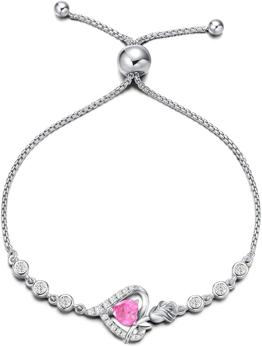AGVANA Rosy Reverie Birthstone Bracelet for Women Sterling Silver Genuine or Created Gemstone Tennis Bracelet Rose Heart Jewelry Anniversary Birthday Gifts for Women Mom Wife Her