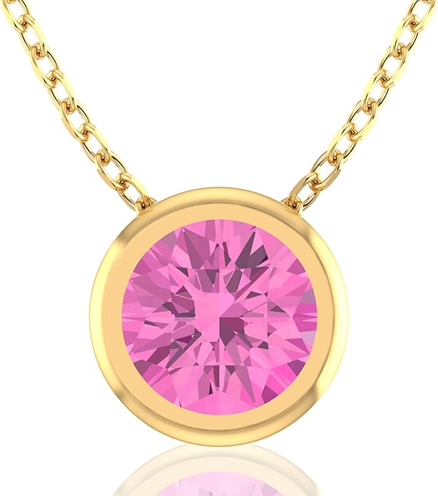14K Gold Necklace for Women - 7mm Round Natural Gemstone Pendant with 18" Gold Chain - Trendy Birthstone Statement Fine Jewelry - Yellow Gold, Elegant Women's Accessories