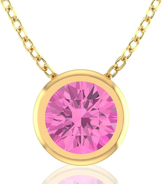 14K Gold Necklace for Women - 7mm Round Natural Gemstone Pendant with 18" Gold Chain - Trendy Birthstone Statement Fine Jewelry - Yellow Gold, Elegant Women's Accessories