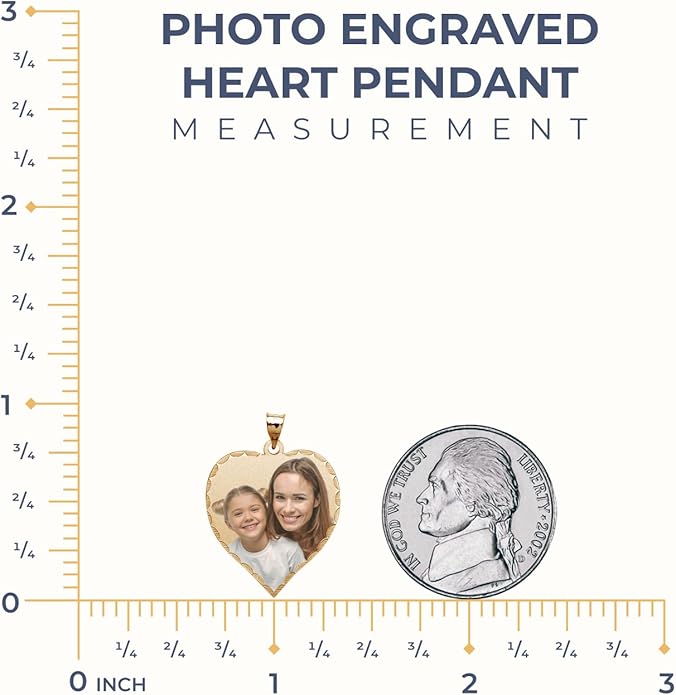 PicturesOnGold.com Personalized Photo Engraved Heart Shaped Picture Necklace with Diamond Cut Edge in Silver, Gold, White Gold or Rose Gold - 1 Inch x 1 Inch