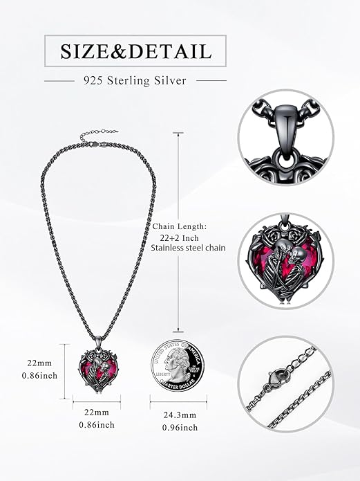 Flpruy 925 Sterling Silver Black Gothic Jewelry Gifts Skeleton Couple Pendant Crystal Birthstone Heart Necklace Punk Romantic Jewelry for Lover Men Women