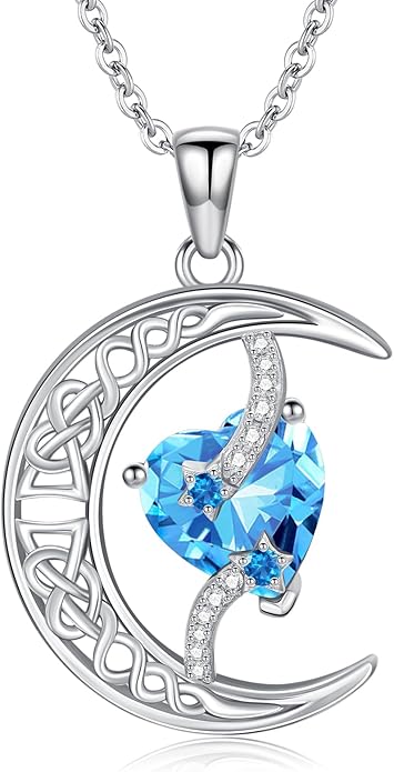 TOUPOP Moon and Star Birthstone Necklace for Women 925 Sterling Silver Celtic Moon Jewelry Birthday Christmas Gifts for Her Girlfriend