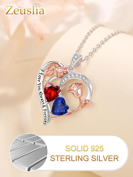 Zeuslia Double Birthstone Necklace Gifts for Wife - 925 Sterling Silver Sunflower/Rose/Crown Cross/Compass/Heart Pendant I Love You Necklace, Anniversary Birthday Gifts for Wife Girlfriend Mom Her