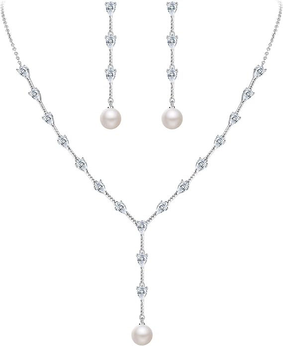 EleQueen Women's Simulated Pearl Wedding Jewelry Set, Cubic Zirconia Marquise Floral Bridal Necklace Earrings Bracelet Sets