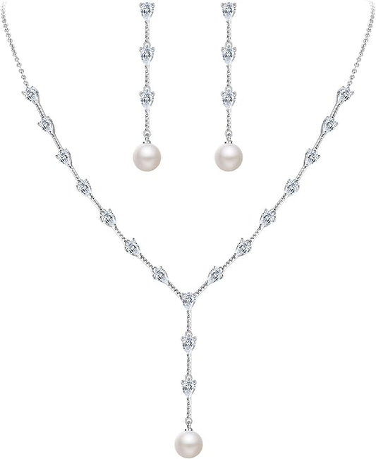 EleQueen Women's Simulated Pearl Wedding Jewelry Set, Cubic Zirconia Marquise Floral Bridal Necklace Earrings Bracelet Sets