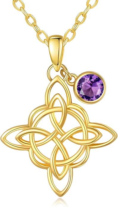 Witches Knot Necklace for Women, 14K Gold Celtic Knot Cross Jewelry with Triquetra Trinity with Birthstone Pendant, Birthday Witchy Spiritual Gifts for Her Wife Mom Grandma, 18+2 Inch Chain